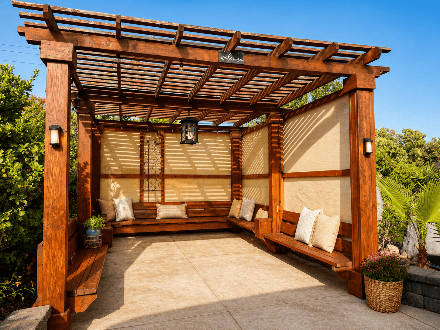 Peaceful wooden pergola outdoor seating at The Oaks at Garfield Carmichael CA