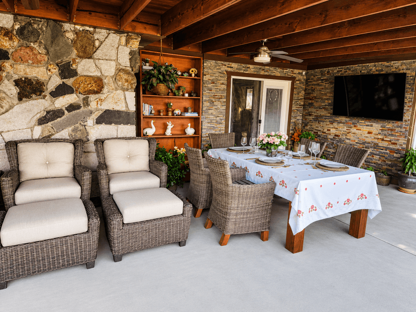 Outdoor patio seating area at The Oaks at Garfield